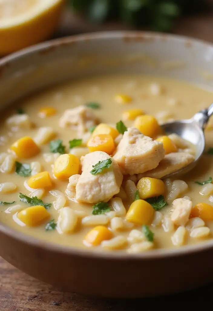 28 Creamy Chicken and Rice Soup Recipes That Are Silky & Delicious - 24. Creamy Chicken and Rice Soup with Sweet Corn