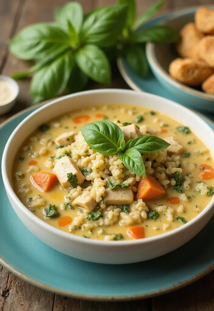 28 Creamy Chicken and Rice Soup Recipes That Are Silky & Delicious - 26. Creamy Chicken and Rice Soup with Pesto