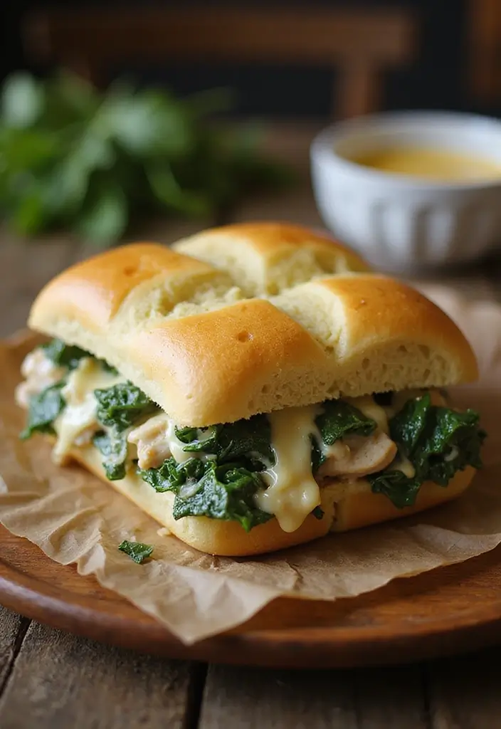 29 Baked Chicken Sandwich Recipes That Are Crispy & Filling - 20. Creamy Spinach and Chicken Baked Sandwich