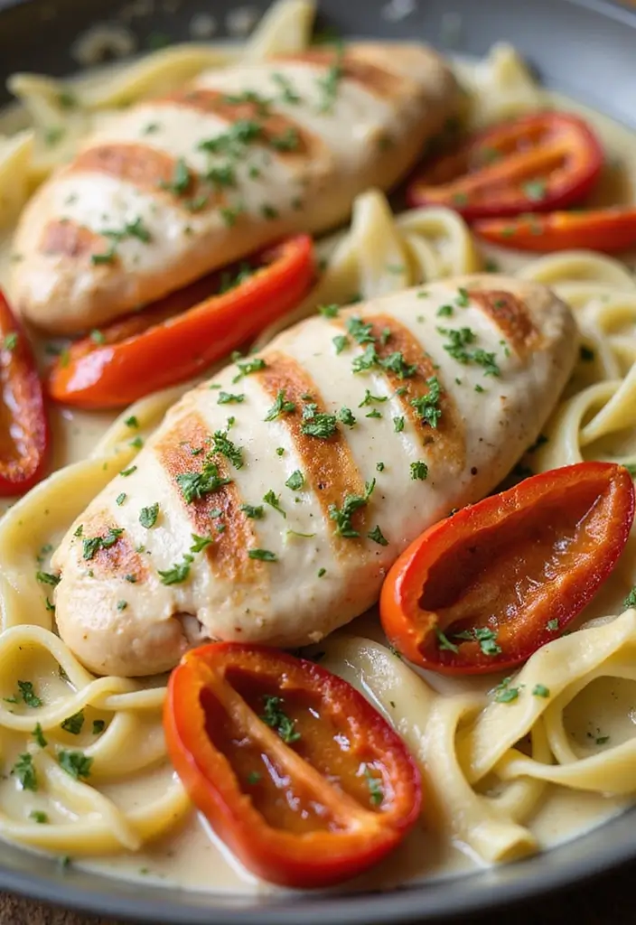 29 Chicken Alfredo Pasta Recipes Easy Enough for Weeknights - 16. Chicken Alfredo with Roasted Red Peppers