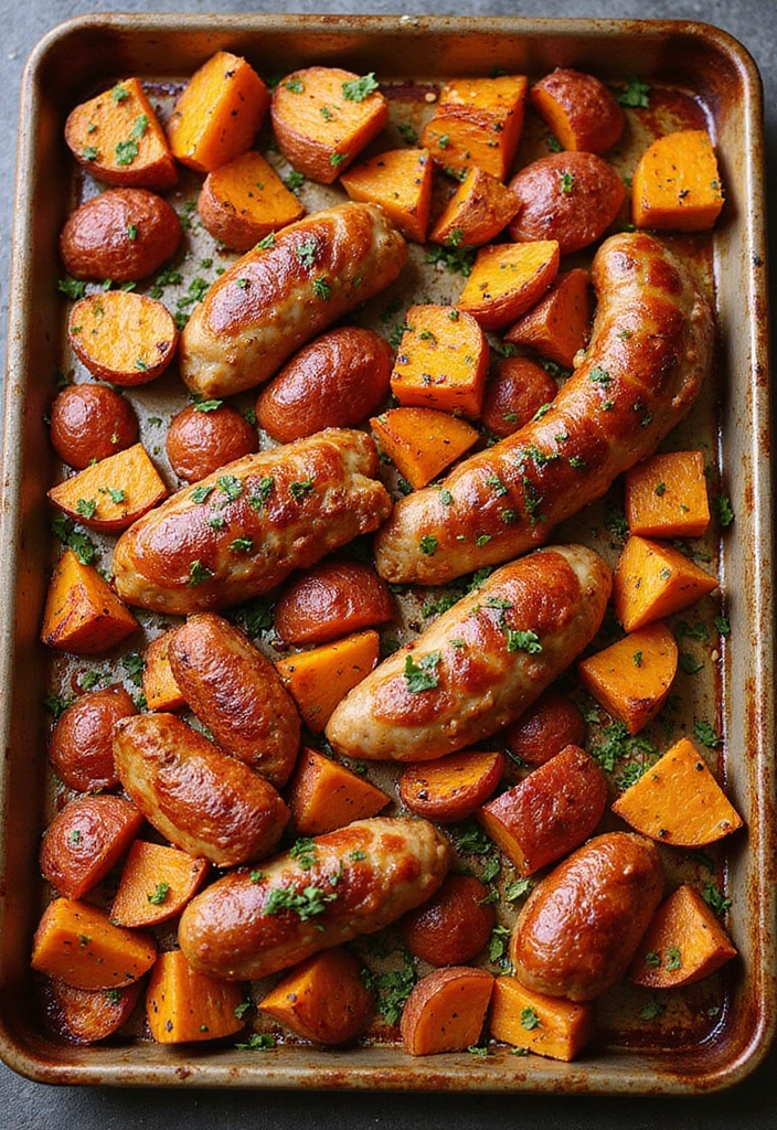 30 Chicken Sausage Sheet Pan Recipes That Make Dinner Easy - 4. BBQ Chicken Sausage with Sweet Potatoes