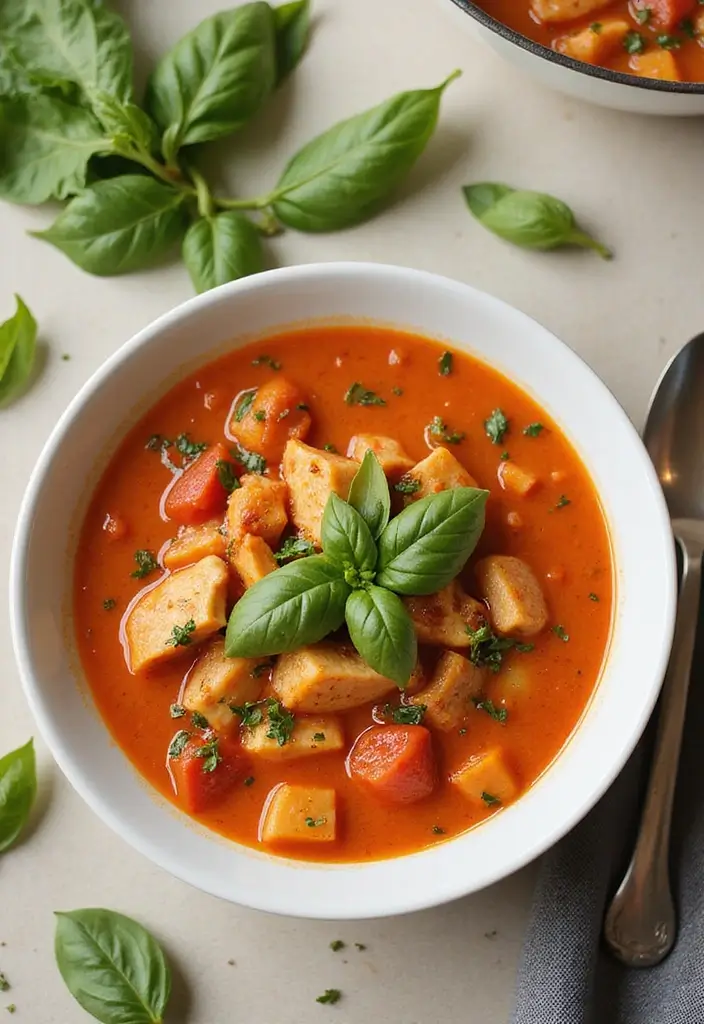 30 Soup with Rotisserie Chicken Recipes That Feel Cozy & Nourishing 27 30 Soup with Rotisserie Chicken Recipes That Feel Cozy & Nourishing - 26. Chicken and Tomato Basil Soup