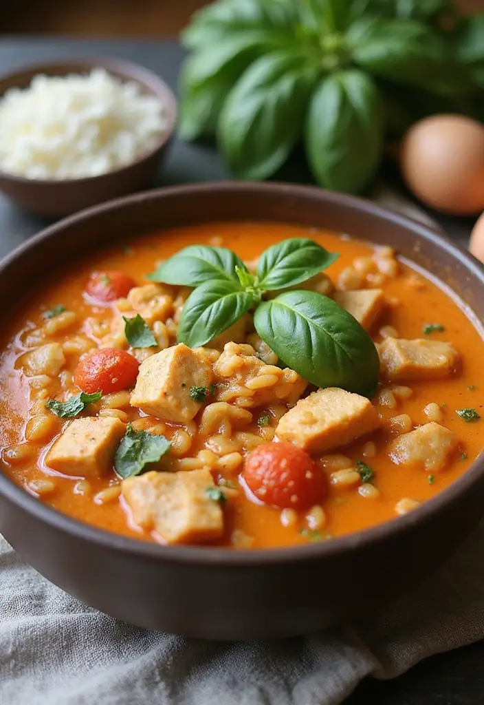 28 Creamy Chicken and Rice Soup Recipes That Are Silky & Delicious - 10. Creamy Tomato Basil Chicken and Rice Soup