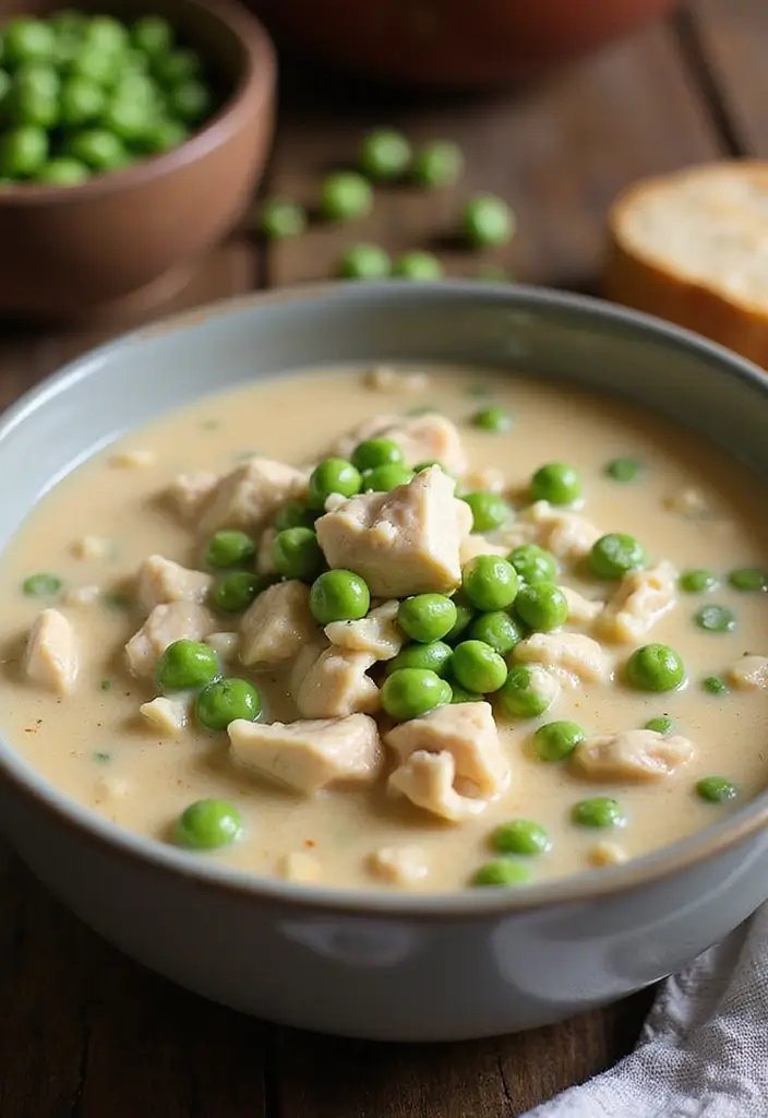 28 Creamy Chicken and Rice Soup Recipes That Are Silky & Delicious - 19. Creamy Chicken and Rice Soup with Peas