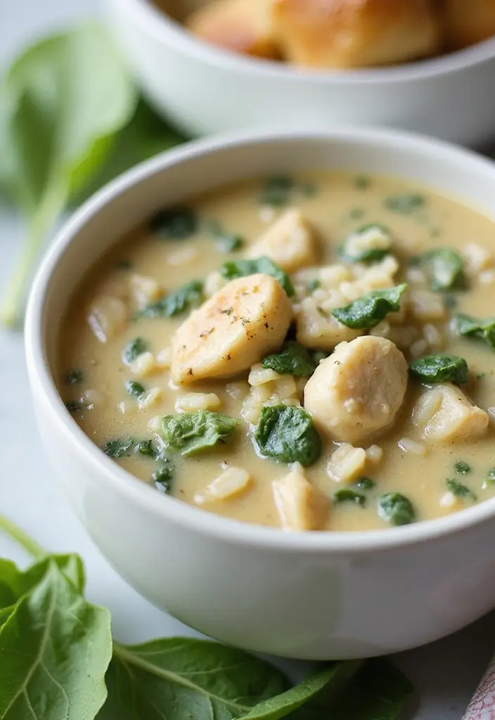 28 Creamy Chicken and Rice Soup Recipes That Are Silky & Delicious - 8. Creamy Spinach Chicken and Rice Soup