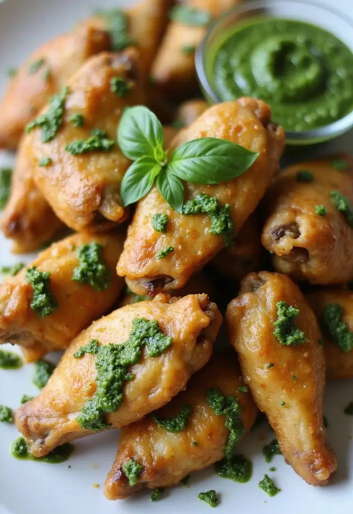 28 Garlic Parmesan Chicken Wings Recipes That Are Crispy & Bold - 10. Garlic Parmesan Wings with Pesto Drizzle
