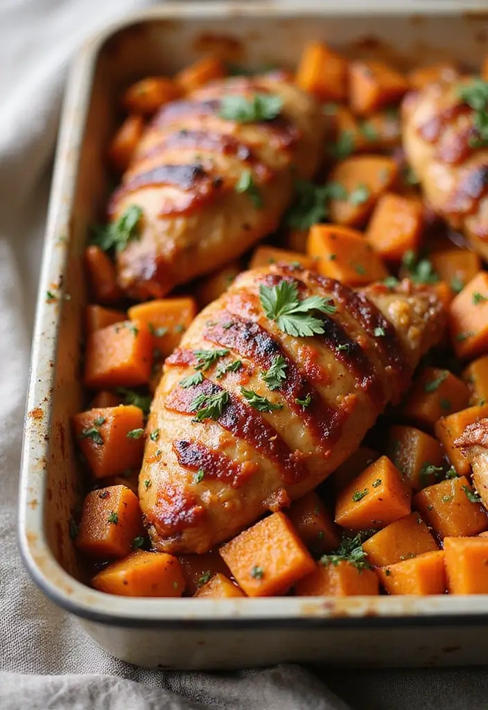 29 BBQ Chicken in Oven Recipes That Feel Like Outdoor Grilling 27 29 BBQ Chicken in Oven Recipes That Feel Like Outdoor Grilling - 26. BBQ Chicken and Sweet Potato Bake