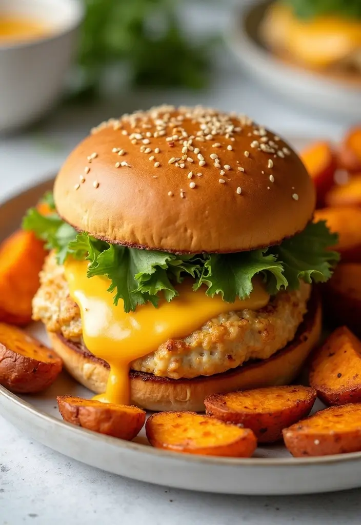 29 Cheddar Ranch Chicken Burgers That Are Juicy & Tangy - 13. Cheddar Ranch Chicken Burgers with Sweet Potatoes