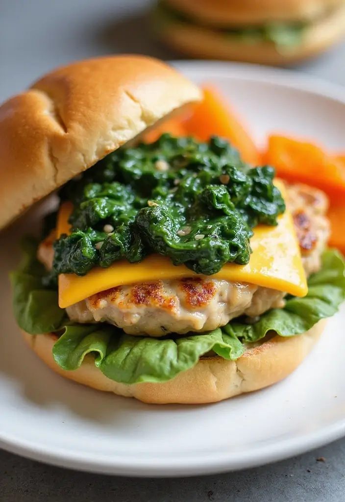29 Cheddar Ranch Chicken Burgers That Are Juicy & Tangy - 25. Cheddar Ranch Chicken Burgers with Creamy Spinach