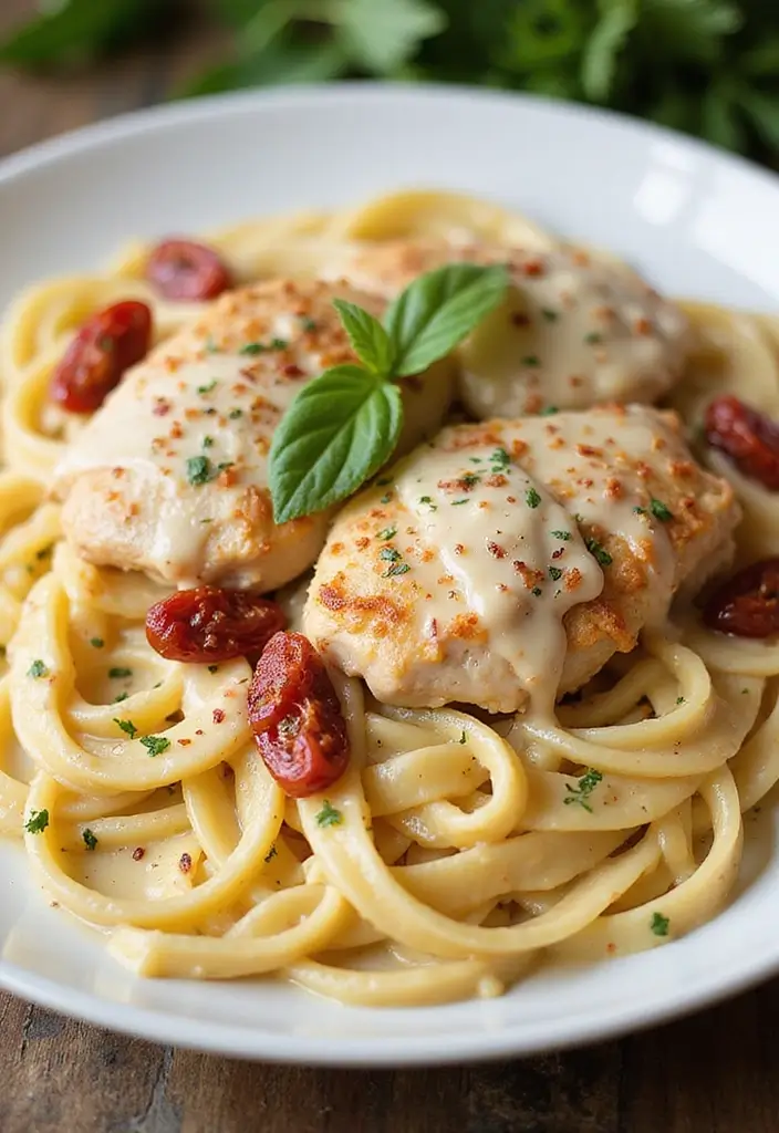 29 Creamy Chicken Alfredo Pasta Recipes That Melt in Your Mouth - 23. Creamy Chicken Alfredo with Sun-Dried Tomatoes