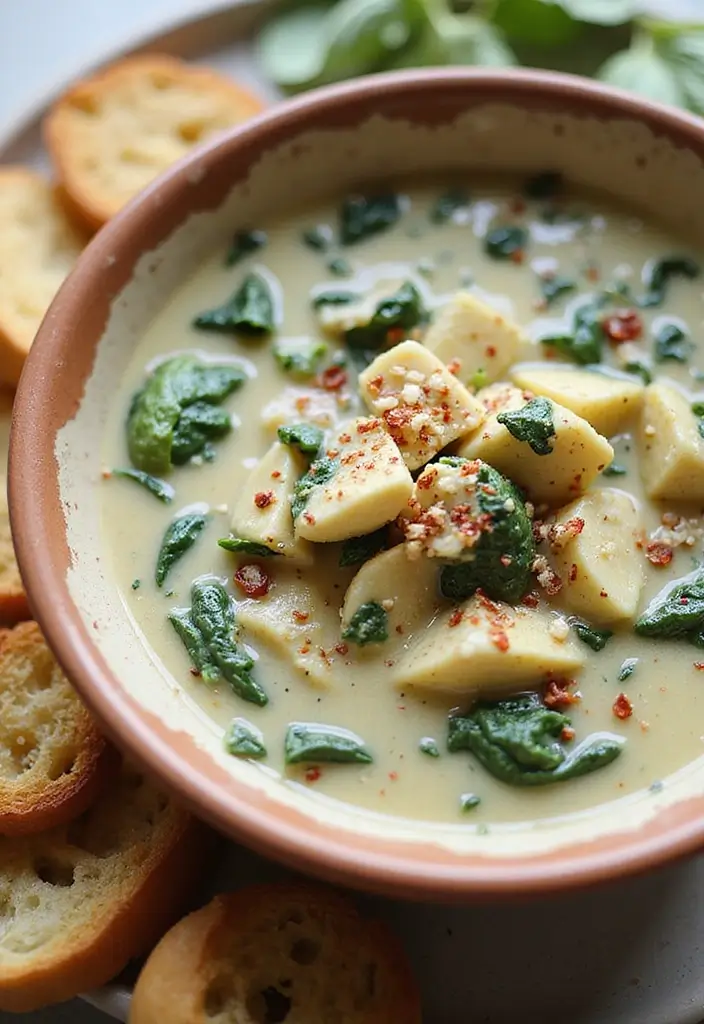 29 Crockpot Creamy Chicken Parmesan Soup Recipes That Are Rich & Smooth - 2. Spinach and Artichoke Chicken Parmesan Soup