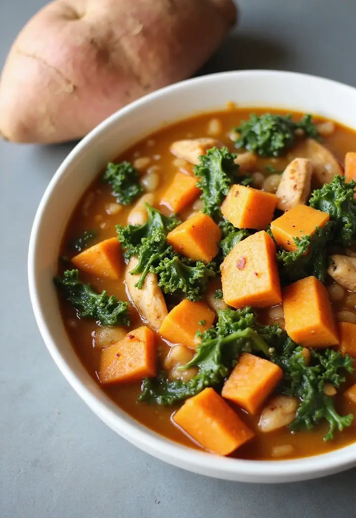 29 Hearty & Clean Paleo White Chicken Chili Recipes 13 29 Hearty & Clean Paleo White Chicken Chili Recipes - 12. Sweet Potato and Kale Paleo White Chicken Chili