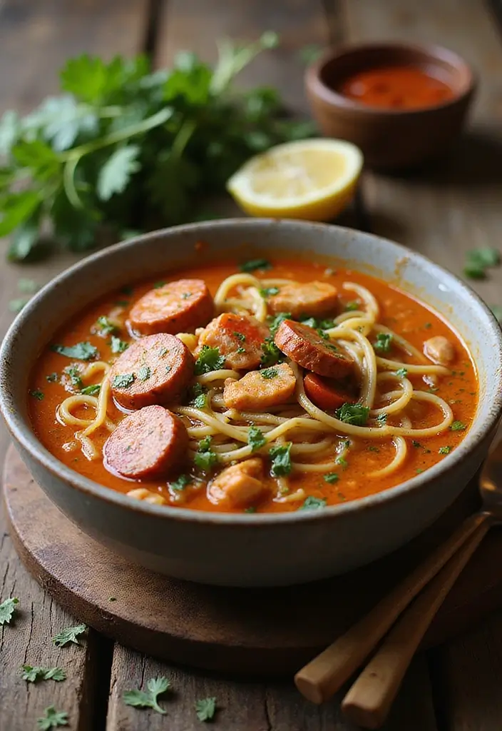 29 Spicy Chicken Noodle Soup Recipes That Warm You Right Up - 14. Spicy Sausage Chicken Noodle Soup