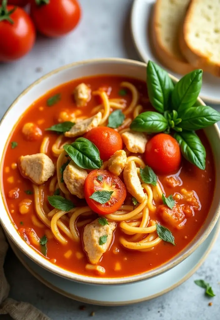 29 Spicy Chicken Noodle Soup Recipes That Warm You Right Up - 9. Spicy Tomato Basil Chicken Noodle Soup