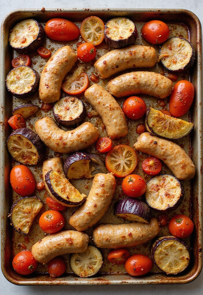 30 Chicken Sausage Sheet Pan Recipes That Make Dinner Easy - 24. Chicken Sausage with Eggplant and Tomatoes
