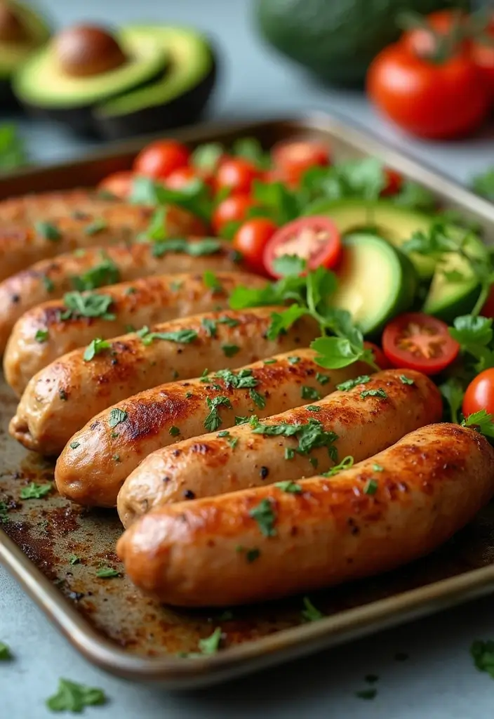 30 Chicken Sausage Sheet Pan Recipes That Make Dinner Easy - 26. Chicken Sausage with Avocado and Tomato Salad