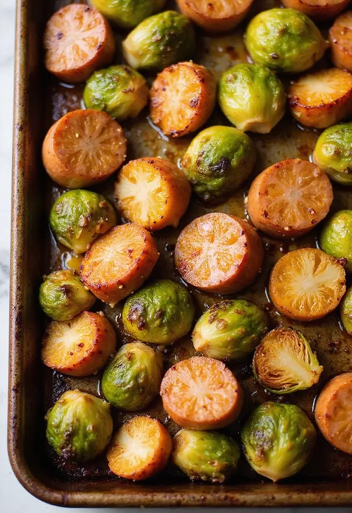 30 Chicken Sausage Sheet Pan Recipes That Make Dinner Easy - 3. Honey Mustard Chicken Sausage and Brussels Sprouts